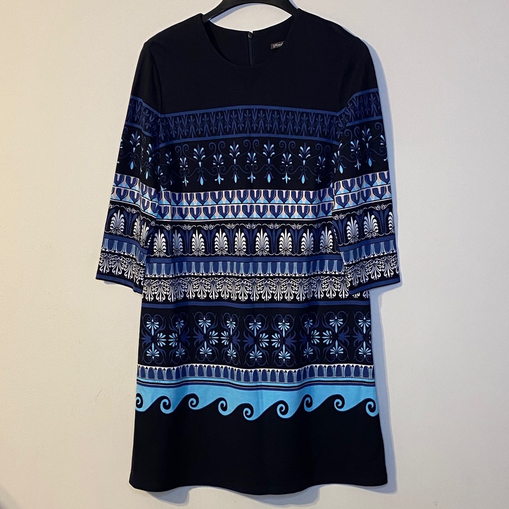 J. McLaughlin Black and Blue Patterned Dress Size L